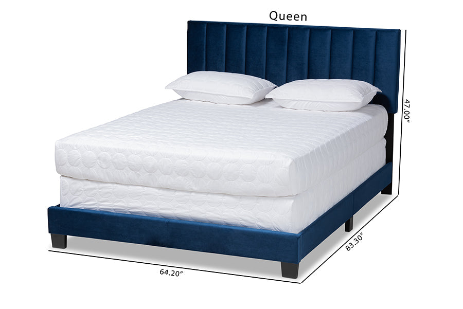 Baxton Studio Clare Glam and Luxe Navy Blue Velvet Fabric Upholstered Full Size Panel Bed with Channel Tufted Headboard