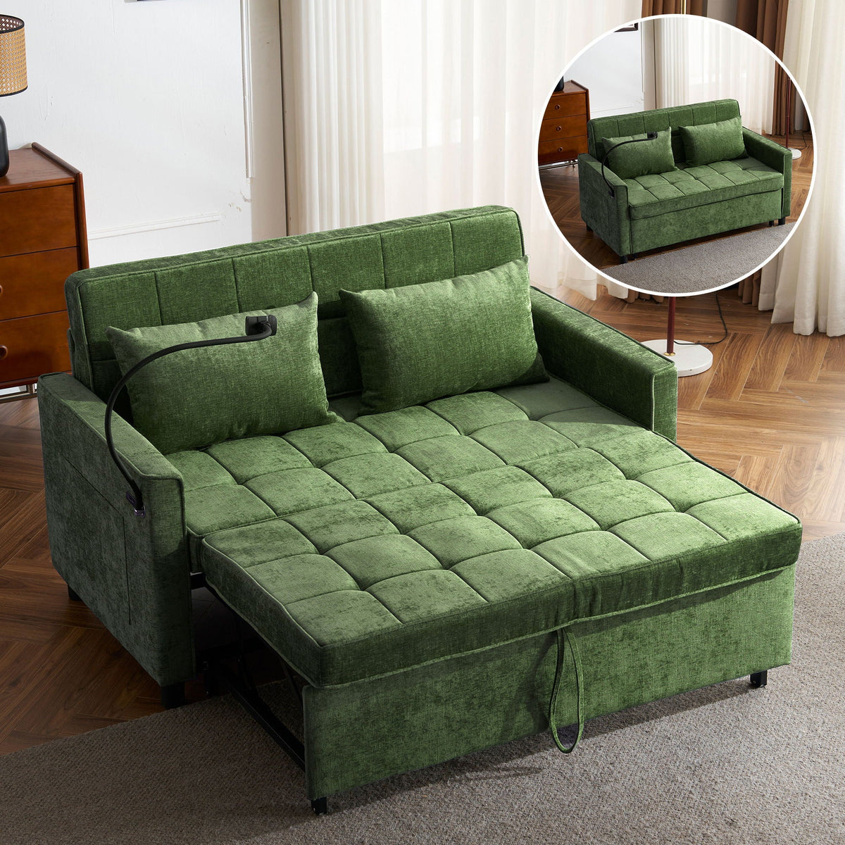 Loveseat Sofa Bed Sleeper With Reversible Backrest, Side Pockets, USB Ports, Phone Holder