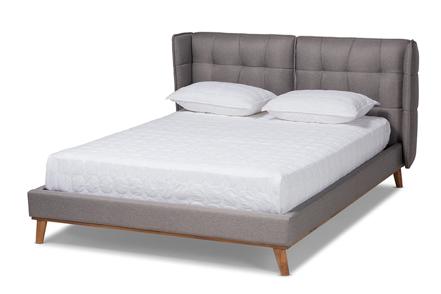 Baxton Studio Gretchen Modern and Contemporary Grey Fabric Upholstered and Walnut Brown Finished Wood King Size Platform Wingback Bed