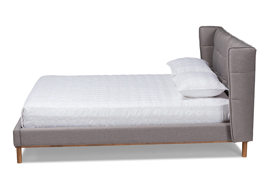 Baxton Studio Gretchen Modern and Contemporary Grey Fabric Upholstered and Walnut Brown Finished Wood King Size Platform Wingback Bed