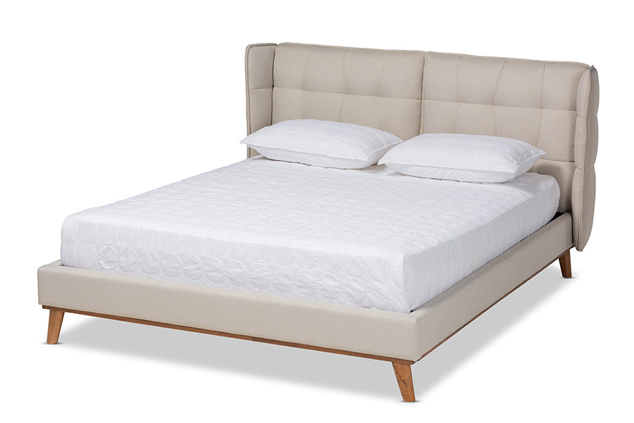 Baxton Studio Gretchen Modern and Contemporary Light Beige Fabric Upholstered and Walnut Brown Finished Wood Queen Size Platform Wingback Bed