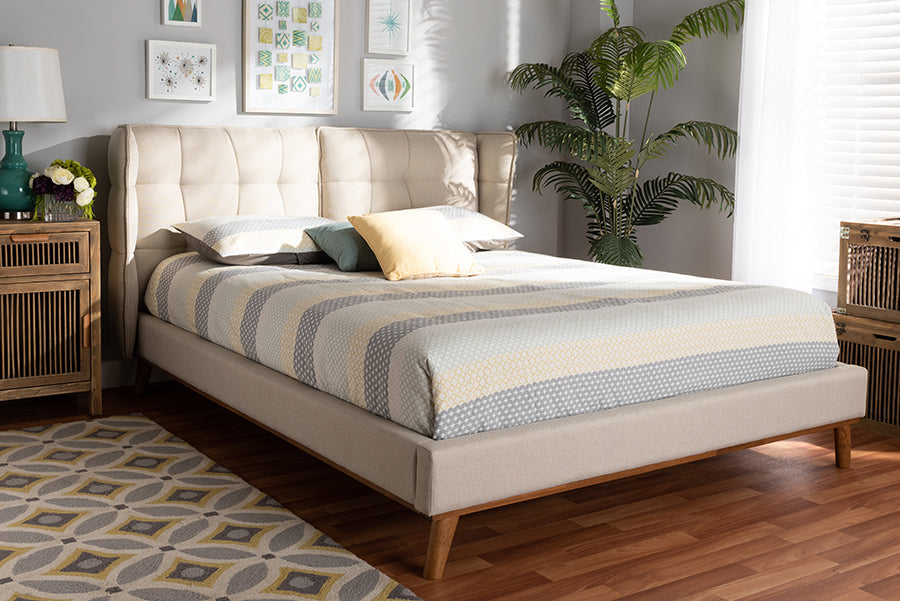 Baxton Studio Gretchen Modern and Contemporary Light Beige Fabric Upholstered and Walnut Brown Finished Wood Queen Size Platform Wingback Bed