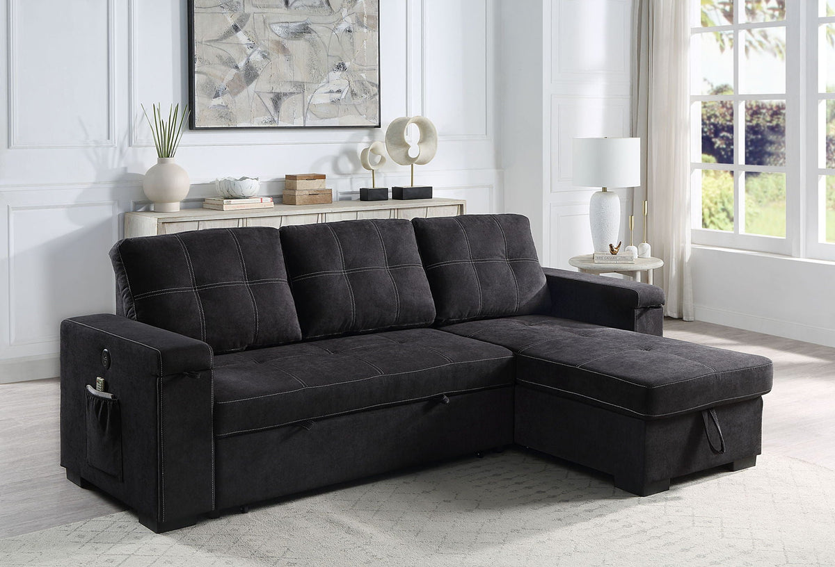 Toby - Woven Fabric Reversible Sleeper Sectional Sofa With Storage Chaise Cup Holder Charging Ports And Pockets