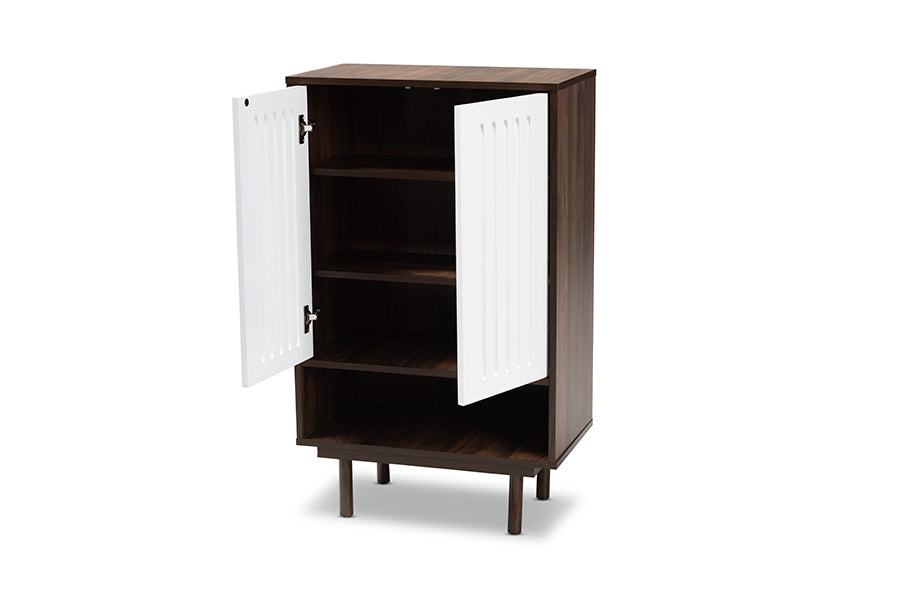 Baxton Studio Meike Mid-Century Modern Two-Tone Walnut Brown and White Finished Wood 2-Door Shoe Cabinet