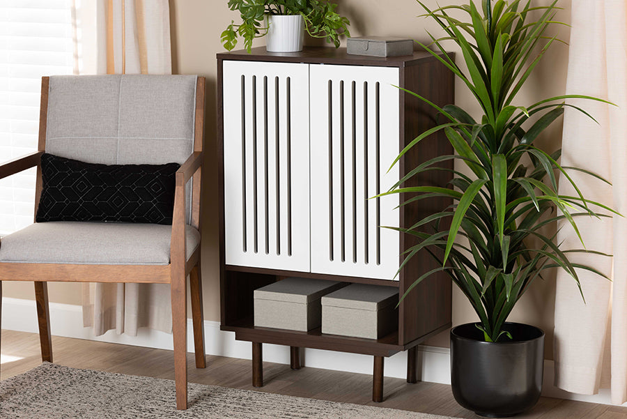 Baxton Studio Meike Mid-Century Modern Two-Tone Walnut Brown and White Finished Wood 2-Door Shoe Cabinet