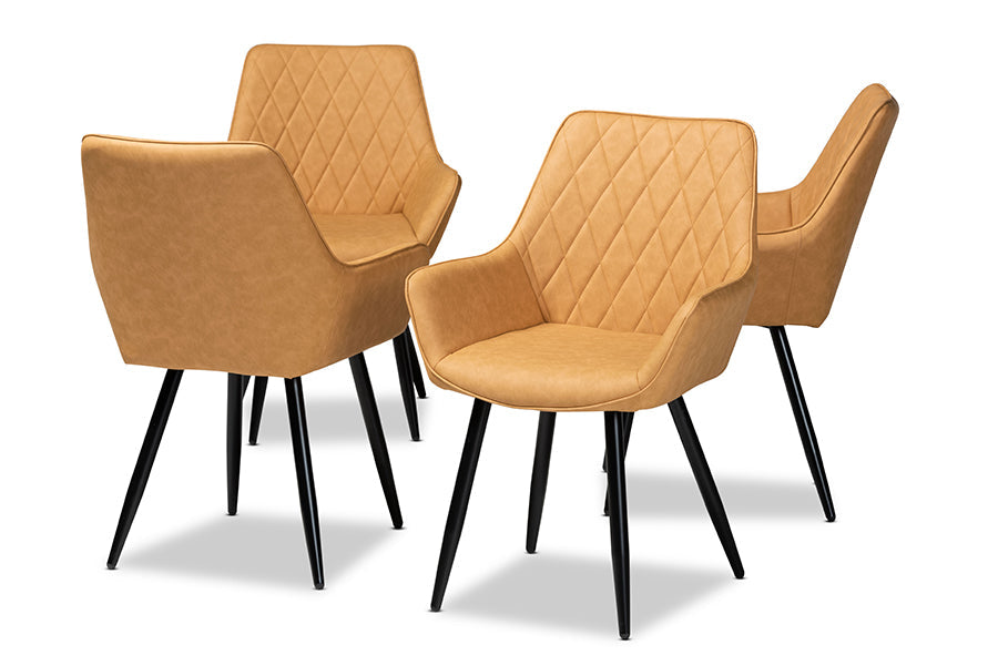 Baxton Studio Astrid Mid-Century Contemporary Tan Faux Leather Upholstered and Black Metal 4-Piece Dining Chair Set