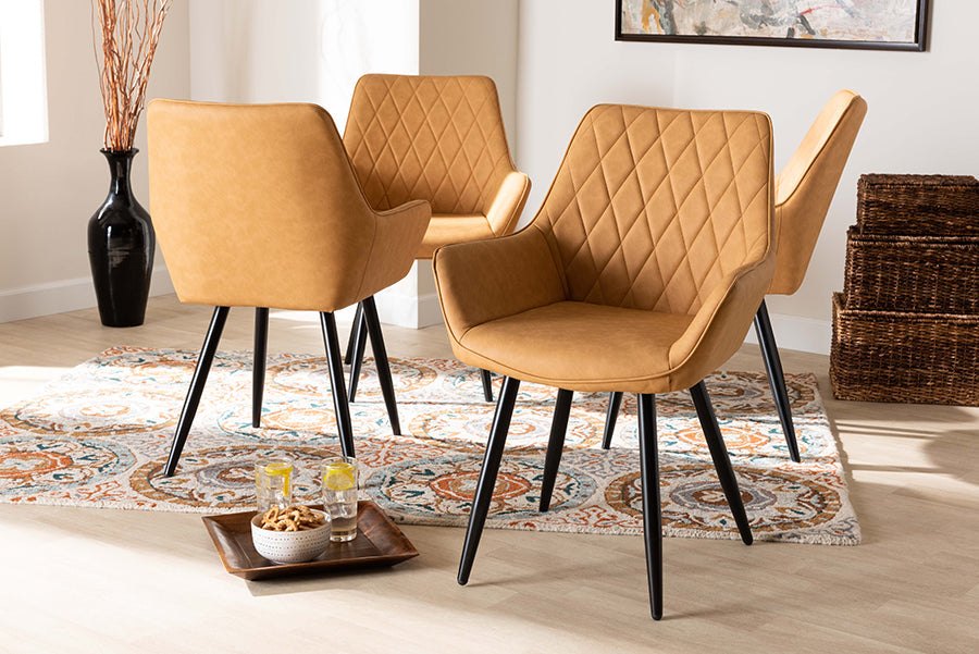 Baxton Studio Astrid Mid-Century Contemporary Tan Faux Leather Upholstered and Black Metal 4-Piece Dining Chair Set