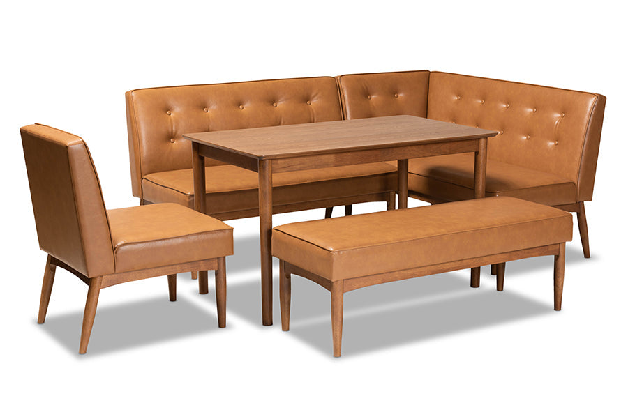 Baxton Studio Arvid Mid-Century Modern Tan Faux Leather Upholstered and Walnut Brown Finished Wood 5-Piece Dining Nook Set