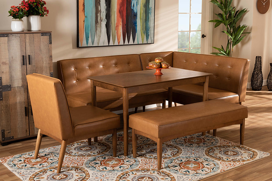 Baxton Studio Arvid Mid-Century Modern Tan Faux Leather Upholstered and Walnut Brown Finished Wood 5-Piece Dining Nook Set