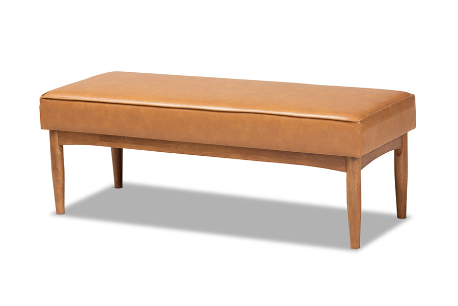 Baxton Studio Arvid Mid-Century Modern Tan Faux Leather Upholstered and Walnut Brown Finished Wood Dining Bench