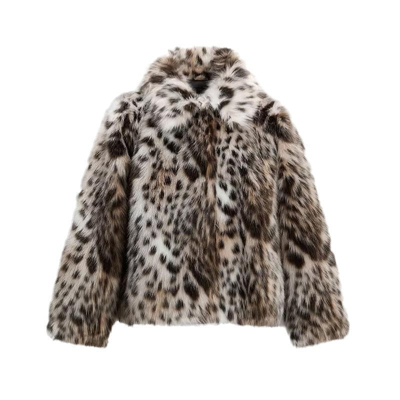 Womens Leopard-Print Casual Collared Warm Coat