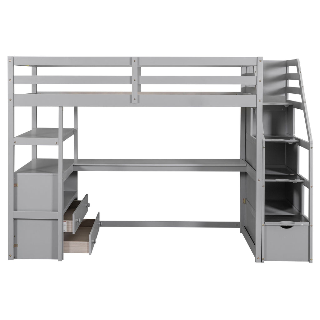 Loft Bed With Desk, Shelves, 2 Drawers, Storage Staircase