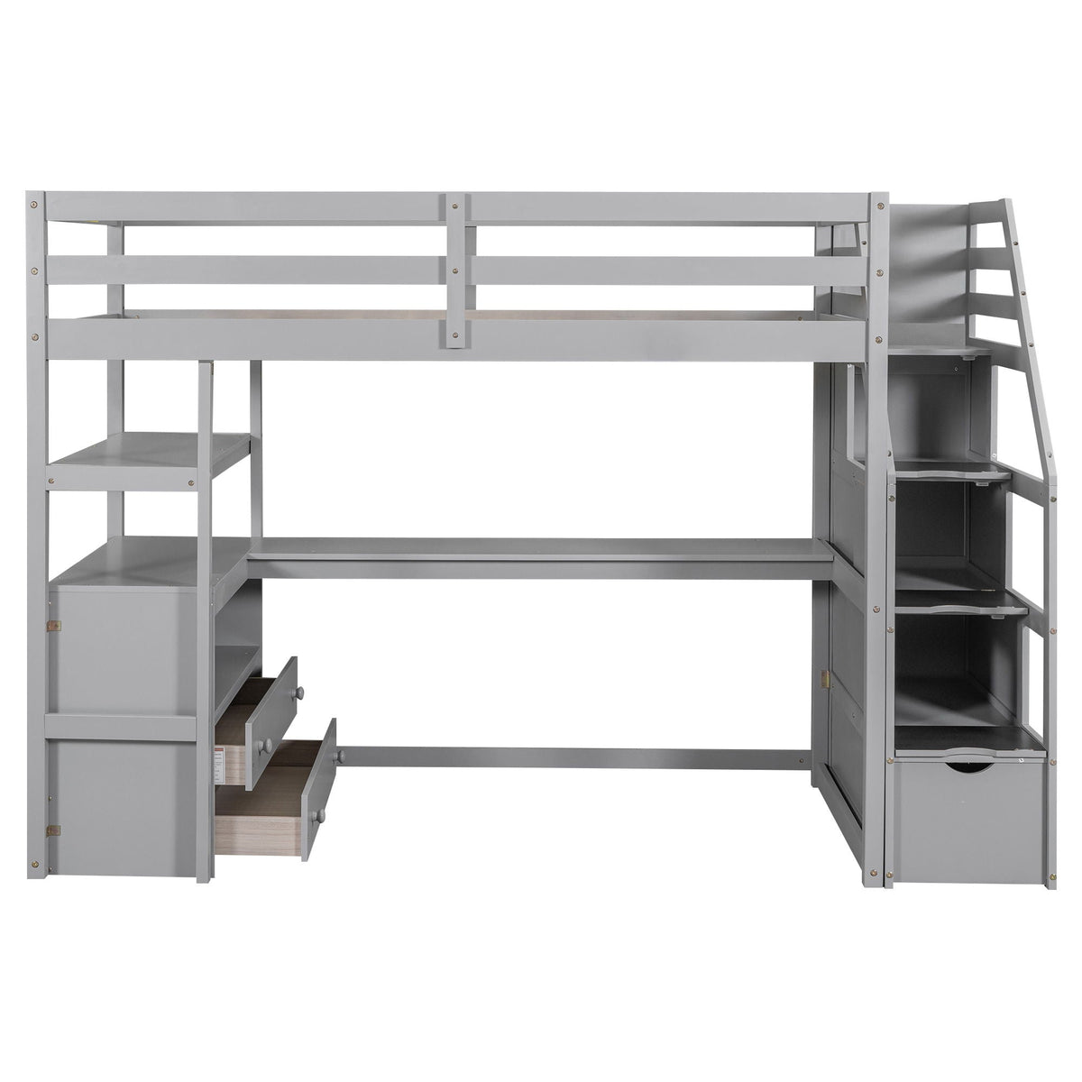 Loft Bed With Desk, Shelves, 2 Drawers, Storage Staircase