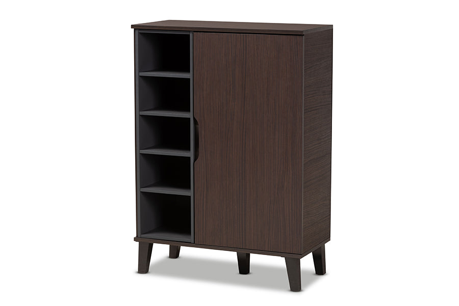 Baxton Studio Idina Mid-Century Modern Two-Tone Dark Brown and Grey Finished Wood 1-Door Shoe Cabinet