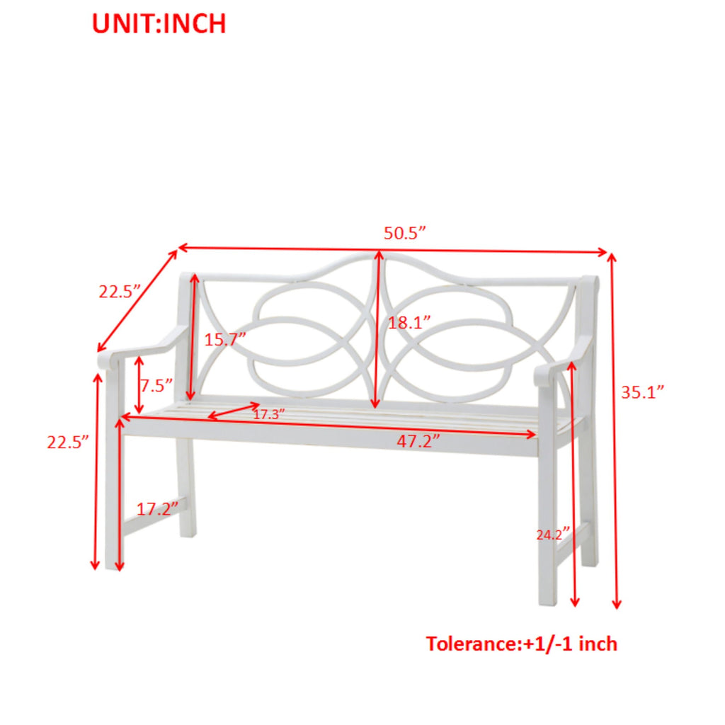 Outdoor Garden Patio Bench With Backrest And Armrest, Slatted Seat For Park, Yard & Porch, Balcony, Accommodates 2 - 3 People - White