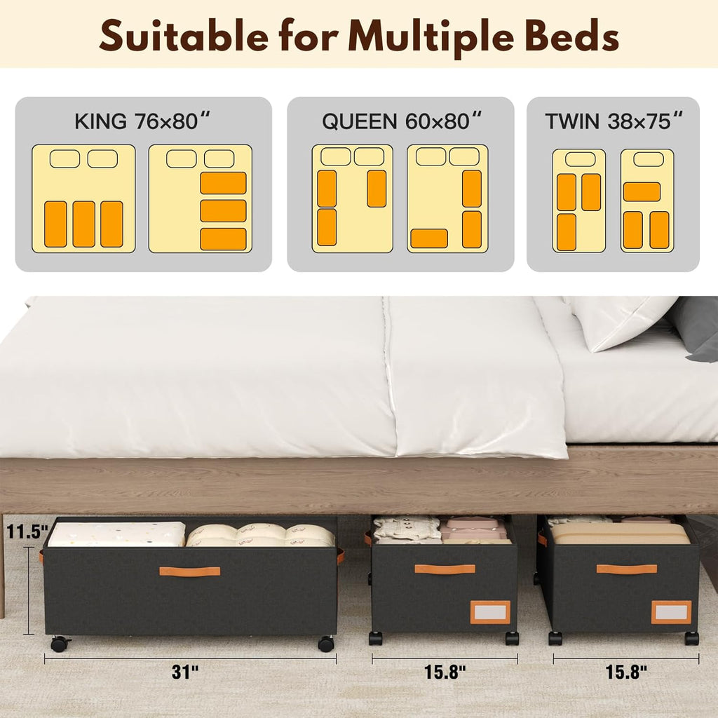 Under Bed Storage with Wheels, 12" Height under Bed Storage Extra Deep under Bed Storage Containers, Perfect for 14'' Bed Frame, No Assemble Metal Rolling Underbed Storage for Clothes Shoes Blankets