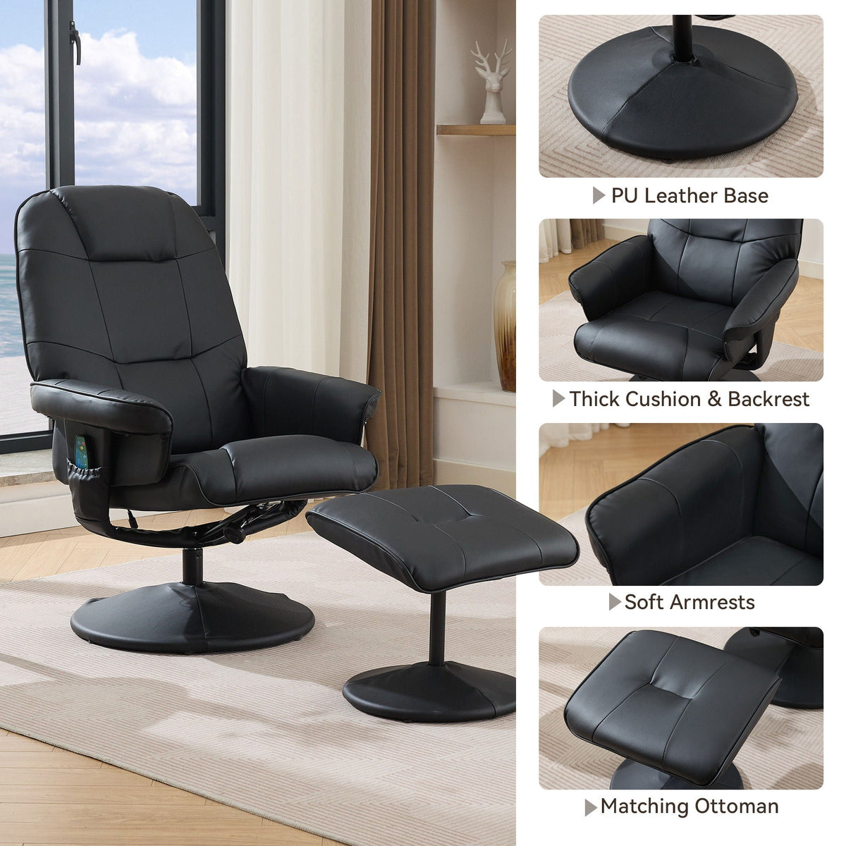 360° Swivel Reclining Chair With Wrapped Base, 5 Point Vibration Massage