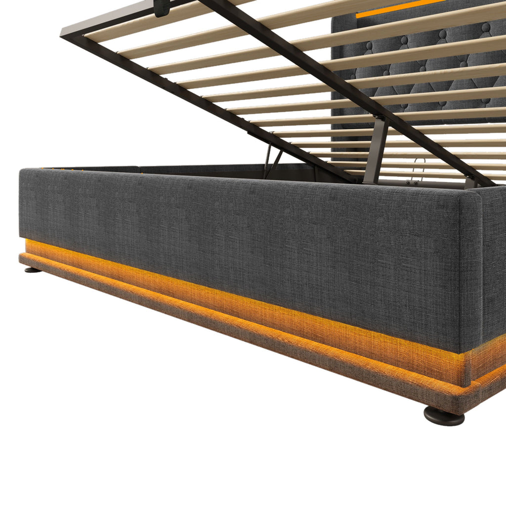 Upholstered Bed, 360 Surround LED Function, Remote Control, Hydraulic Storage Bed With USB, Type-C Charging (Without Mattress)
