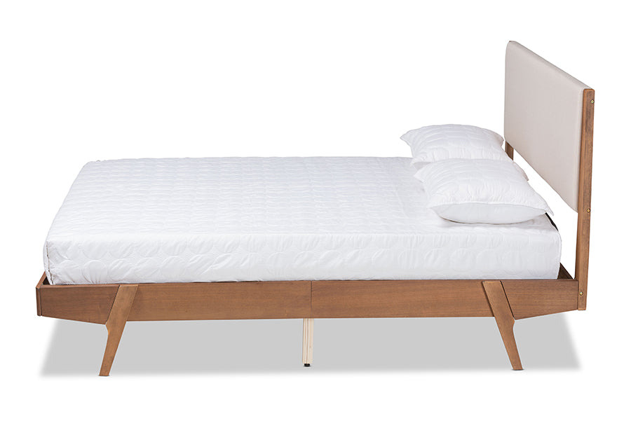 Baxton Studio Senna Mid-Century Modern Beige Fabric Upholstered and Walnut Brown Finished Wood Full Size Platform Bed