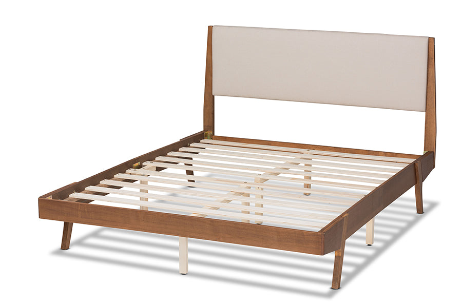 Baxton Studio Senna Mid-Century Modern Beige Fabric Upholstered and Walnut Brown Finished Wood Full Size Platform Bed