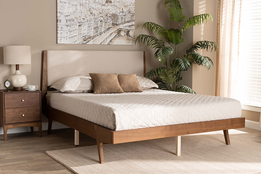 Baxton Studio Senna Mid-Century Modern Beige Fabric Upholstered and Walnut Brown Finished Wood King Size Platform Bed