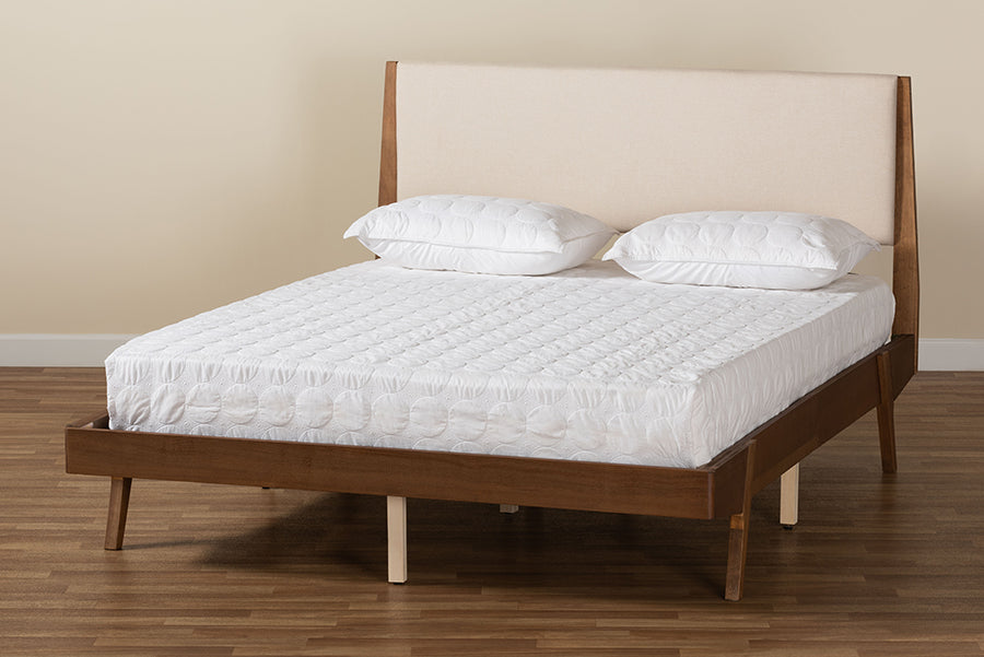 Baxton Studio Senna Mid-Century Modern Beige Fabric Upholstered and Walnut Brown Finished Wood Full Size Platform Bed