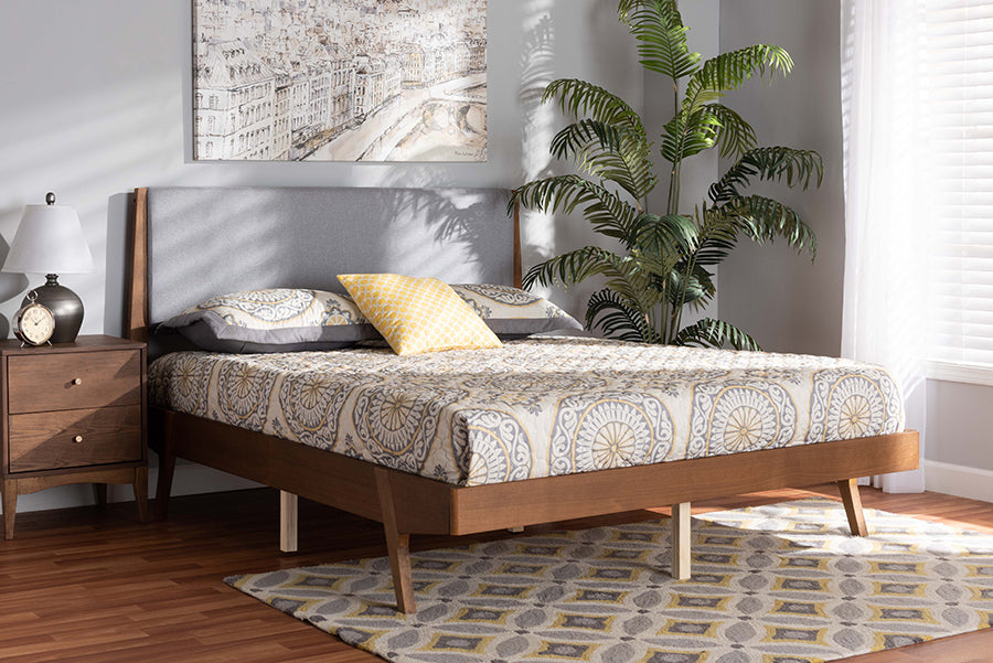 Baxton Studio Senna Mid-Century Modern Grey Fabric Upholstered and Walnut Brown Finished Wood Full Size Platform Bed
