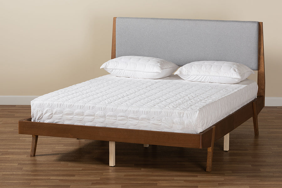 Baxton Studio Senna Mid-Century Modern Grey Fabric Upholstered and Walnut Brown Finished Wood Full Size Platform Bed