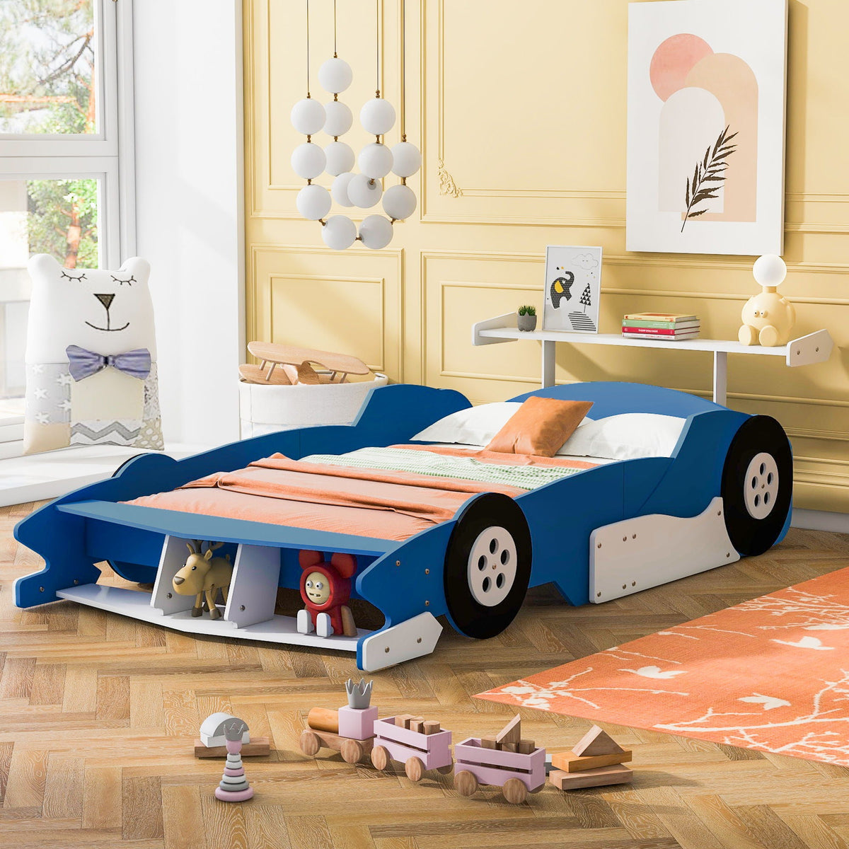 Race Car-Shaped Platform Bed With Wheels