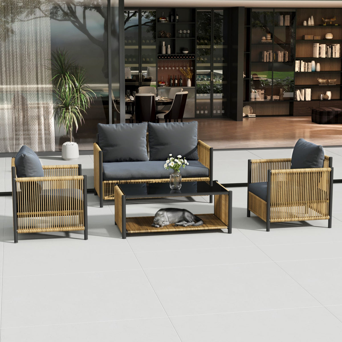 Patio 6-Piece Brown PE Wicker Sofa Set with Grey Cushions