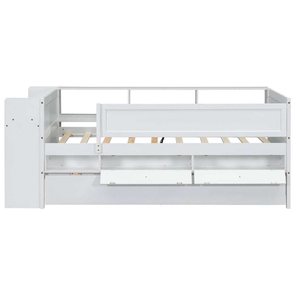 Twin Daybed With Drawers, Trundle, Headboard Storage, Study Desk, And USB Charging Station - White