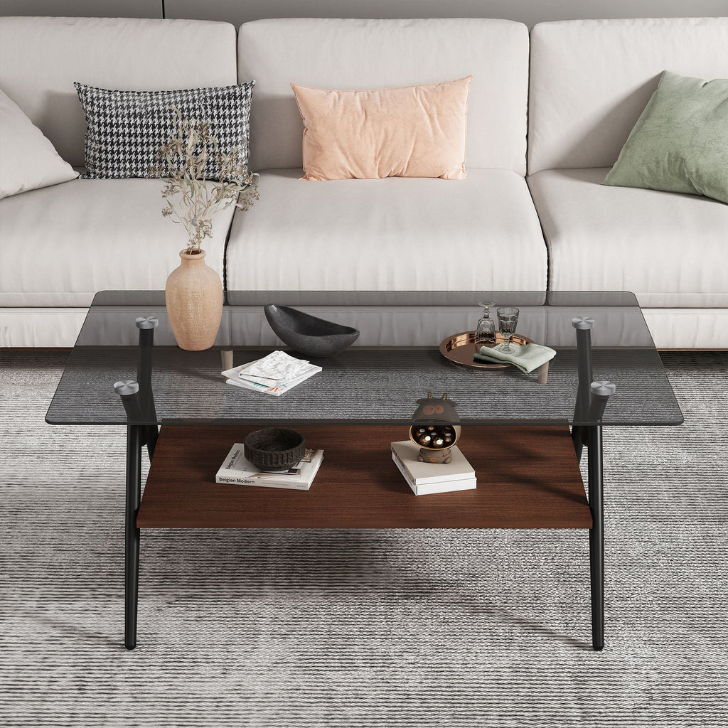 Rectangle Coffee Table With Tempered Glass Top And Shelf, Modern Table For Living Room