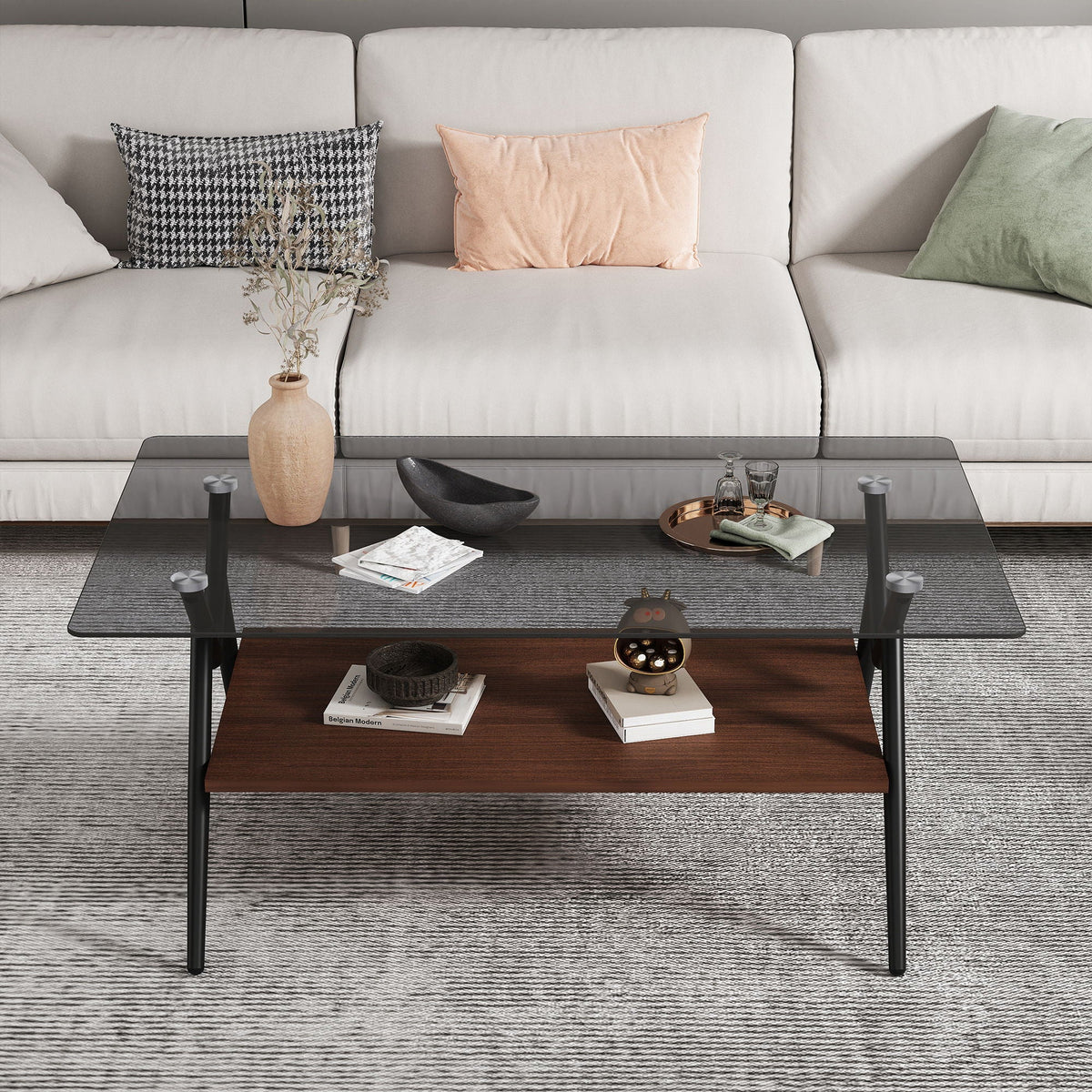 Rectangle Coffee Table With Tempered Glass Top And Shelf, Modern Table For Living Room