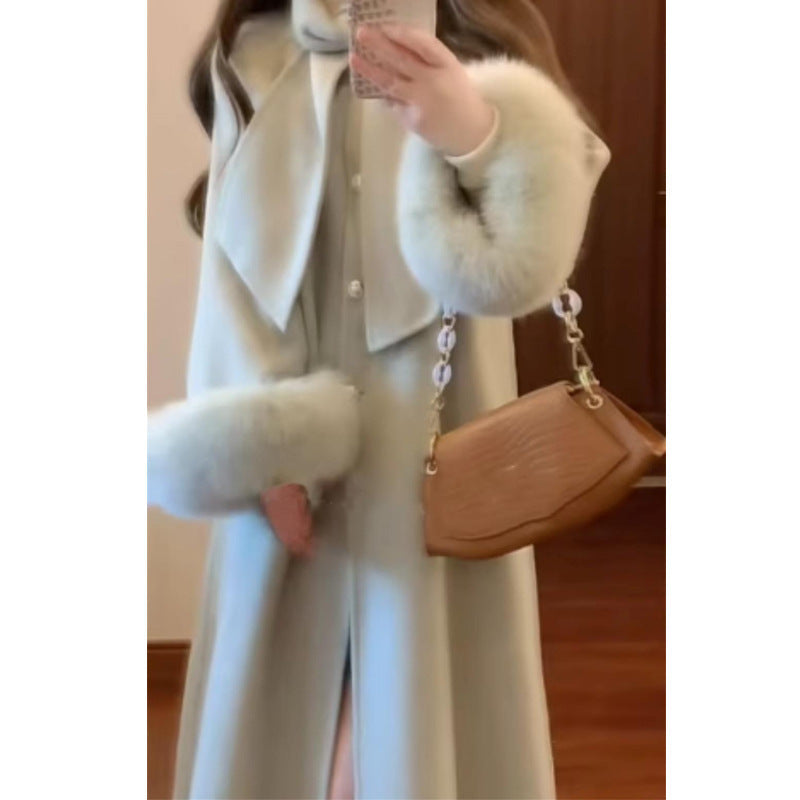 Women's Autumn And Winter High-end Super Stylish Furry Sleeve Double-faced Wool Coat