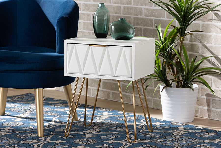 Baxton Studio Holbrook Contemporary Glam and Luxe White Finished Wood and Gold Metal 1-Drawer End Table