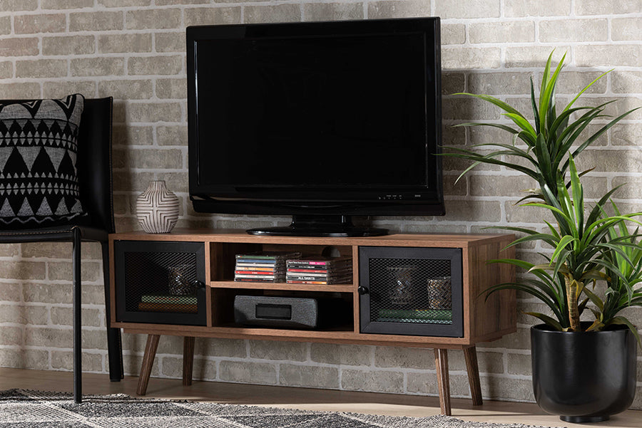 Baxton Studio Yuna Mid-Century Modern Transitional Natural Brown Finished Wood and Black Metal 2-Door TV Stand