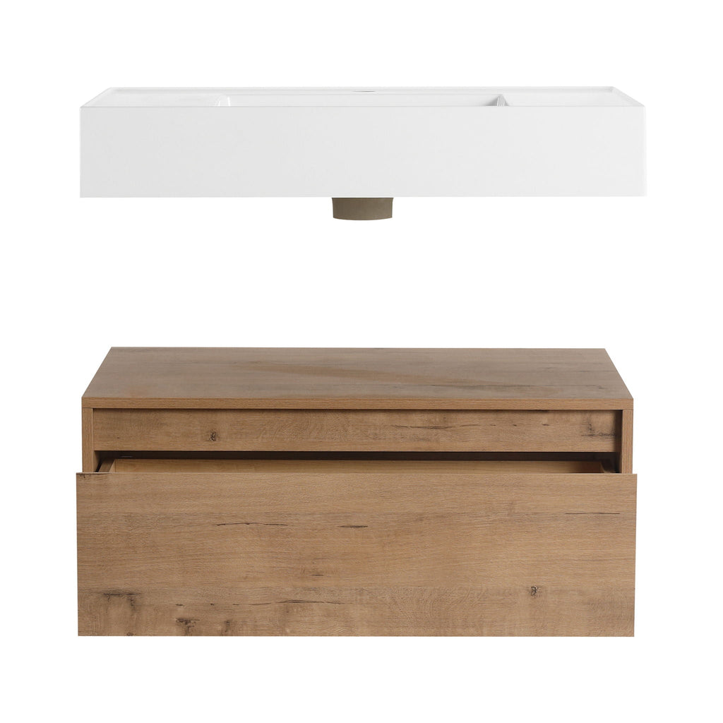 Wall Mounted Bathroom Vanity With Resin Sink And Soft Close Drawer In Imitative - Imitative Oak