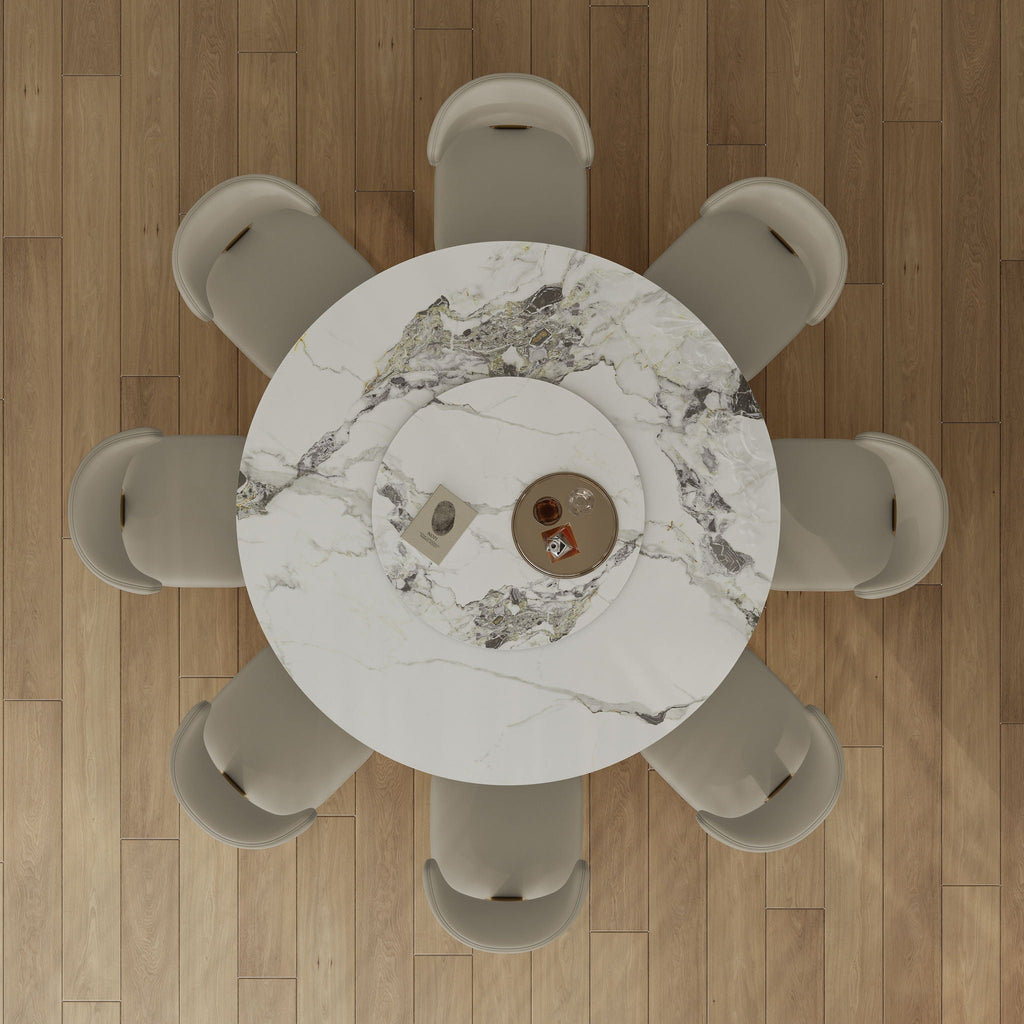 Luxury Round 59" Sintered Stone Dining Table With Stainless Steel Hourglass Base, Scratch & Heat Resistant Surface - Golden / White