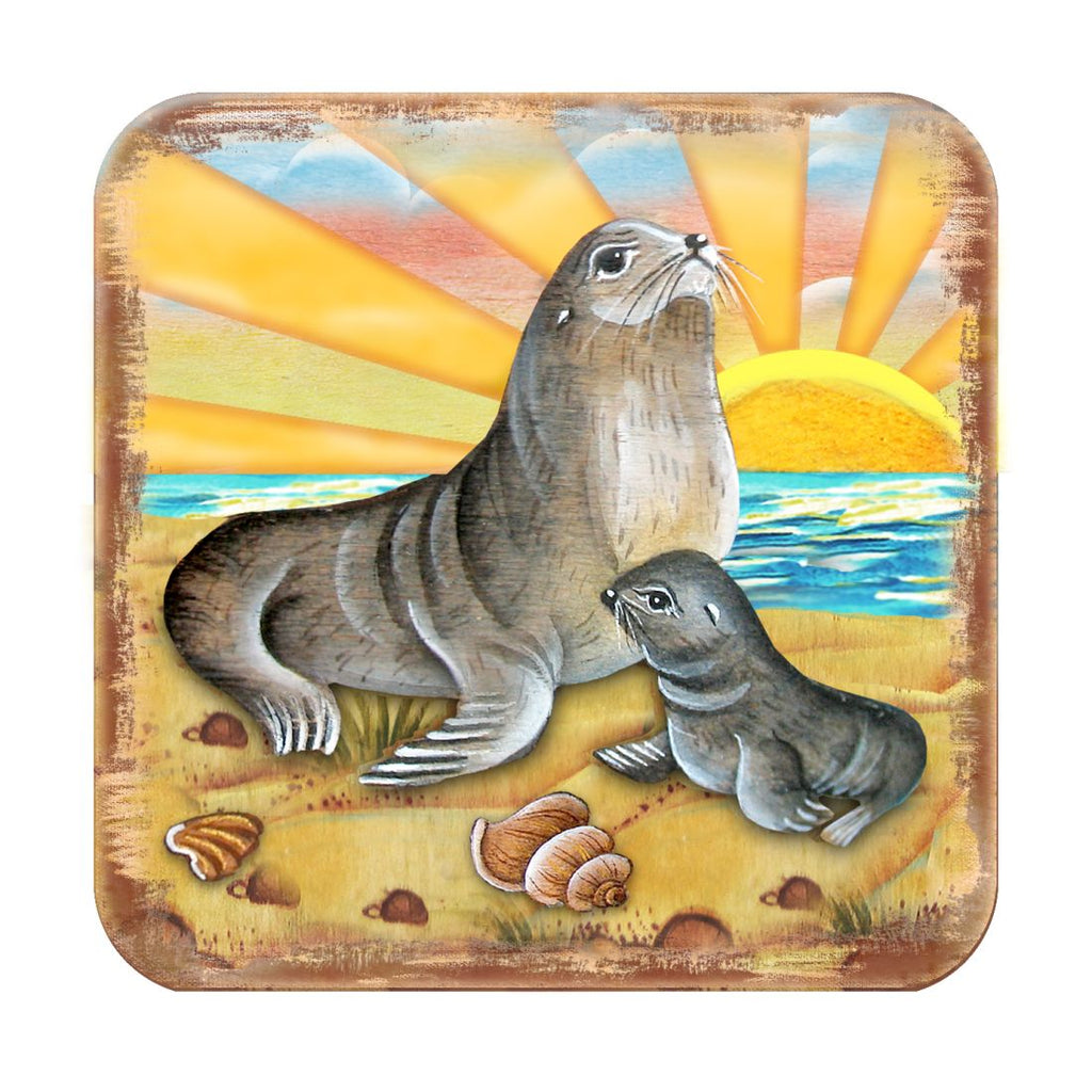 Sealion Coastal Wooden Cork Coasters Gift Set of 4 by Nature Wonders - Coastal Sea-Life Decor - 8198532-2C-S4