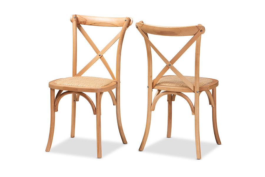 Baxton Studio Tartan Mid-Century Modern Brown Woven Rattan and Wood 2-Piece Dining Chair Set