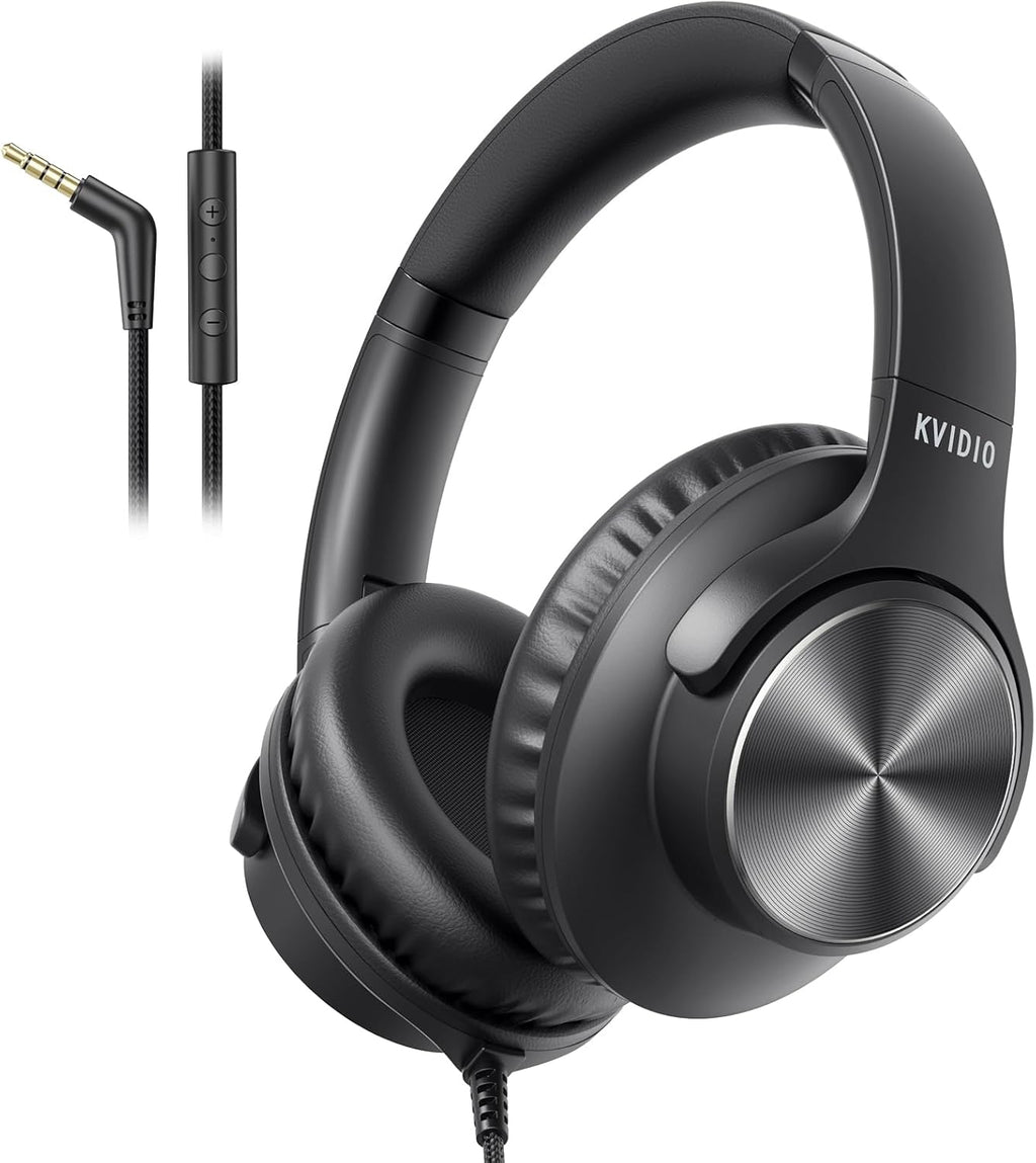 Wired Headphones with Mic, Volume & Playback Control, Over-Ear Foldable Headphones, 3.5Mm Plug, 90° Swivel Ear Cups, 4.9Ft Tangle-Free Cord for Tablet, Laptop, PC, School, Travel (Black)