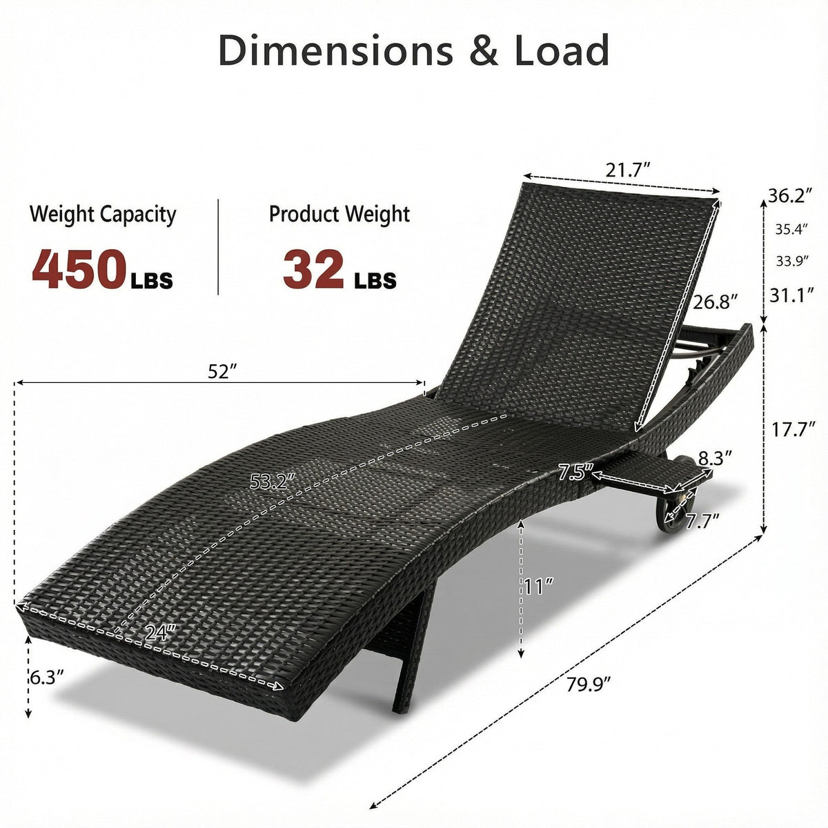 K&K 80'' Patio Wicker Chaise Lounge Chairs Set of 2