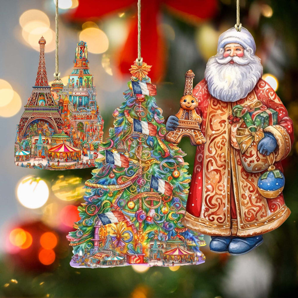 Santas Around the World - French Inspired Santa - Eco Wood Ornaments Set of 3 by G. DeBrekht Christmas Santa Snowman Decor - 8091303S3