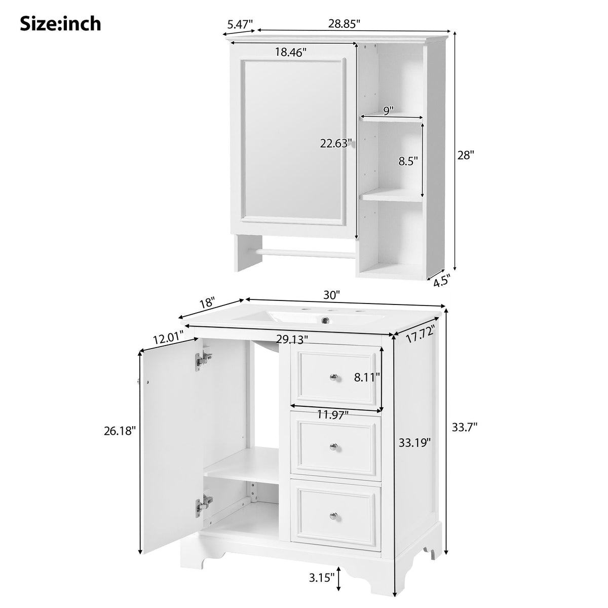 Bathroom Vanity With Sink, Modern Elegant Bathroom Storage Cabinet With 3 Drawers And Adjustable Shelves, Freestanding Vanity Set With Mirror Cabinet, Single Sink Bathroom Vanity