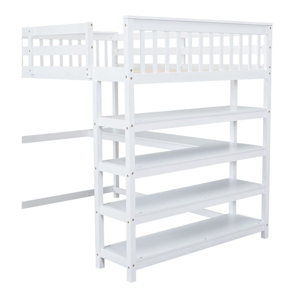 Loft Bed With Storage Shelves And Under Bed Desk