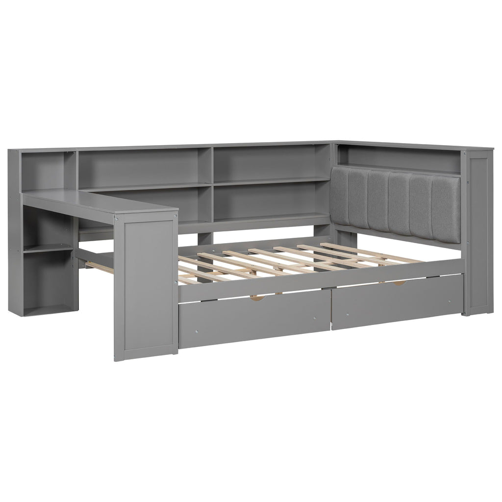 Platform Bed With Storage Shelves, Drawers, Charging Station, LED, Desk
