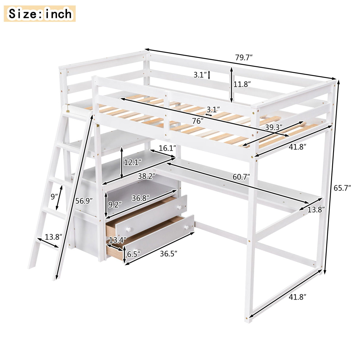 Modern Loft Bed With Built In Desk, Shelves, And 2 Drawers