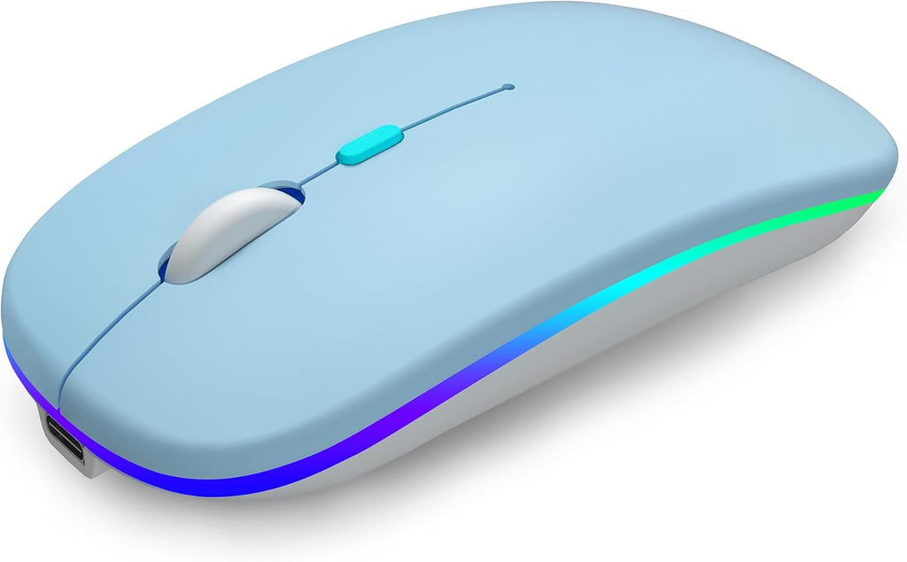 Wireless Bluetooth Mouse, Rechargeable, Dual Mode Bluetooth 5.2 & 2.4G USB, LED Lights, Slim, Silent, Portable Computer Mouse for Laptop, PC, Macbook, Ipad, Tablet (Blue)