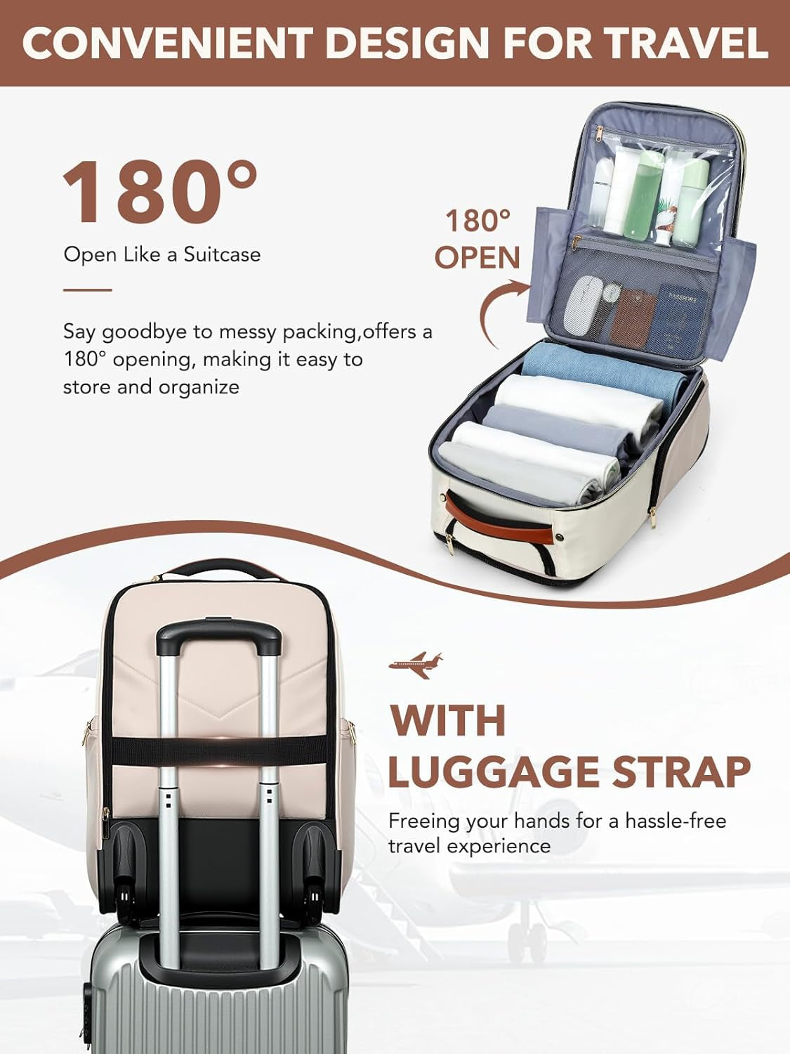 Rolling Backpack for Women, Large Travel Backpack with Wheels Carry on Flight Approved, 15.6 Inch Laptop Wheeled Roller Bag Suitcase for Work Bussiness Weekender (Khaki, M Underseat Size)