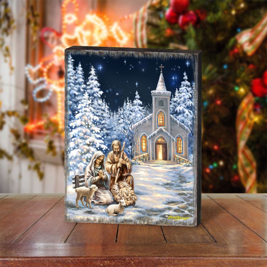 Nativity at the Chapel Night Sky Wooden Wall Art by D. Gelsinger - Nativity Holiday Decor - 95672B-DG